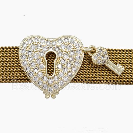 Copper Watchband Beads Pave Zirconia Key-Lock Flat Hole Gold Plated