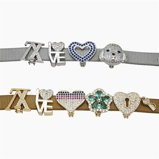 Copper Watchband Beads Pave Zirconia Key-Lock Flat Hole Gold Plated