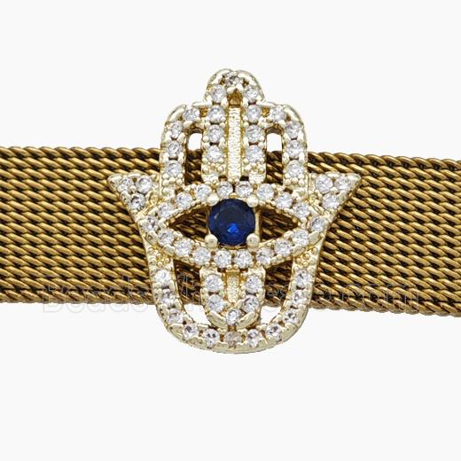 Copper Watchband Beads Pave Zirconia Hamsahand Flat Hole Gold Plated