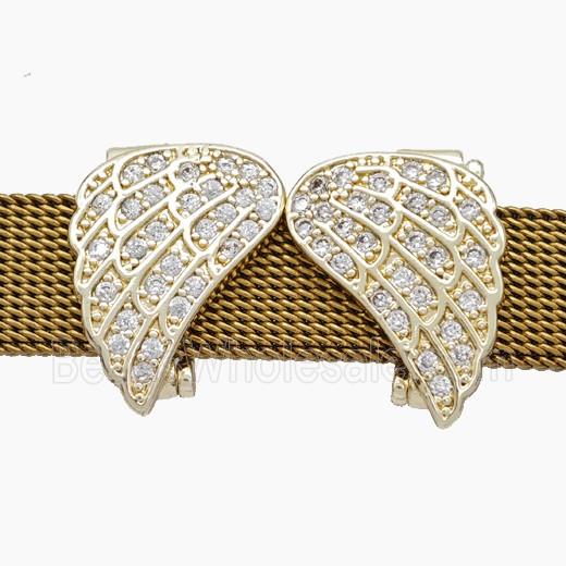 Copper Watchband Beads Pave Zirconia Angel Wings Flat Hole Gold Plated