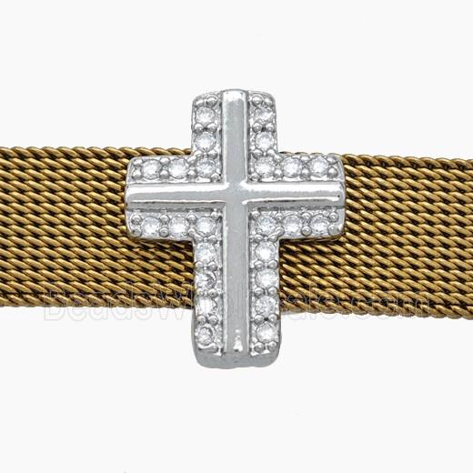 Copper Watchband Beads Pave Zirconia Cross Flat Hole Platinum Plated