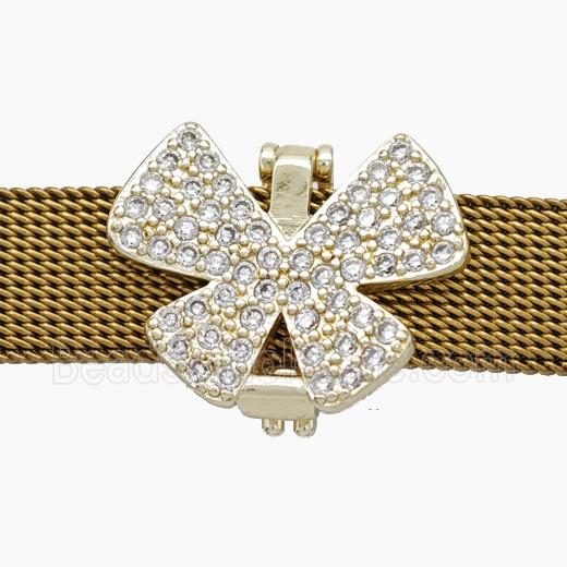 Copper Watchband Beads Pave Zirconia Butterfly Flat Hole Gold Plated