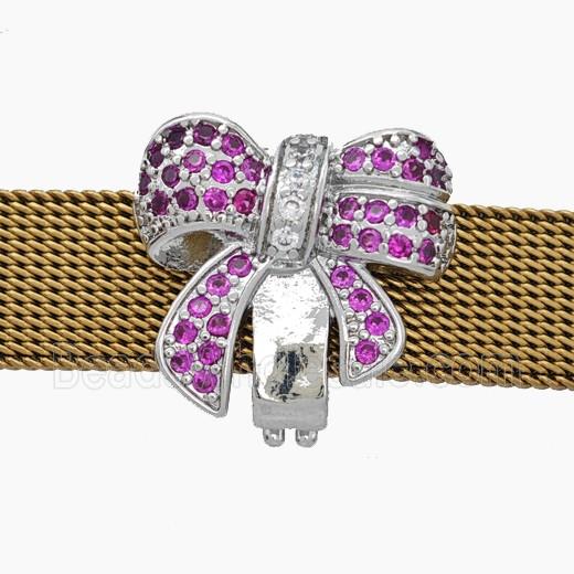 Copper Watchband Beads Pave Zirconia Knotbow Flat Hole Platinum Plated