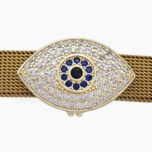 Copper Watchband Beads Pave Zirconia Evil Eye Flat Hole Gold Plated
