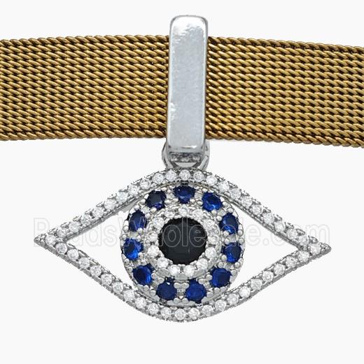 Copper Watchband Beads Pave Zirconia Evil Eye Flat Hole Platinum Plated