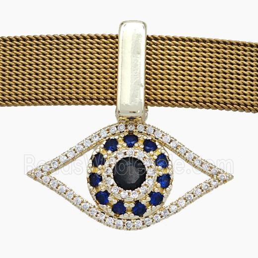 Copper Watchband Beads Pave Zirconia Evil Eye Flat Hole Gold Plated