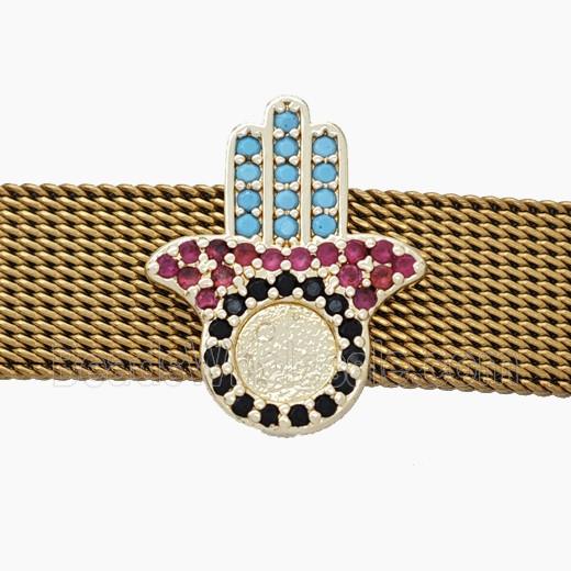 Copper Watchband Beads Pave Zirconia Hamsahand Flat Hole Gold Plated