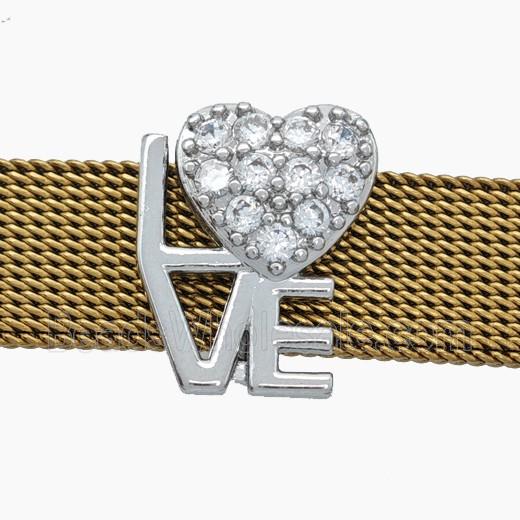 Copper Watchband Beads Pave Zirconia Heart LOVE Flat Hole Platinum Plated