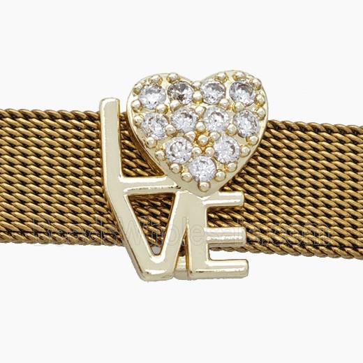 Copper Watchband Beads Pave Zirconia Heart LOVE Flat Hole Gold Plated