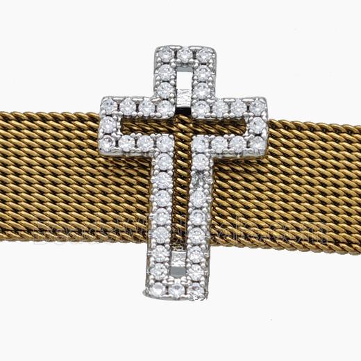 Copper Watchband Beads Pave Zirconia Cross Flat Hole Platinum Plated