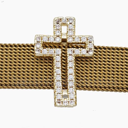 Copper Watchband Beads Pave Zirconia Cross Flat Hole Gold Plated