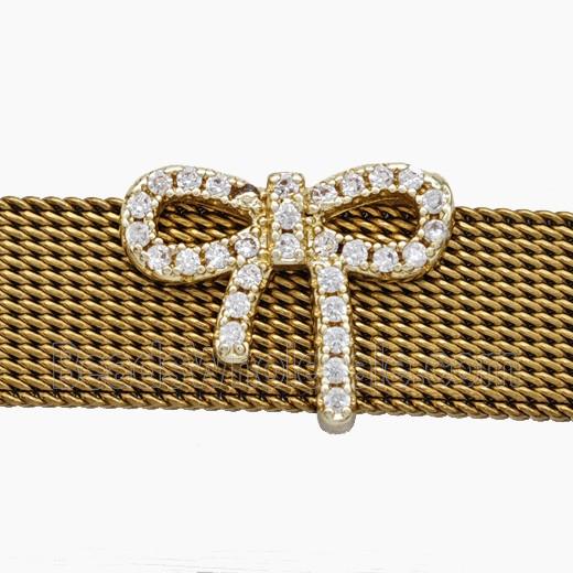 Copper Watchband Beads Pave Zirconia Knotbow Flat Hole Gold Plated