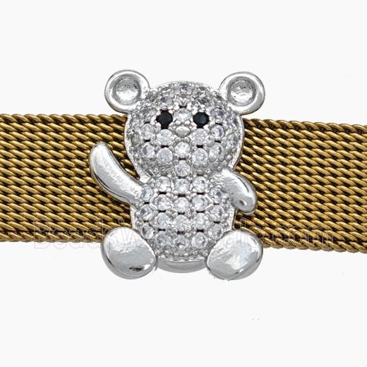 Copper Watchband Beads Pave Zirconia Bear Flat Hole Platinum Plated