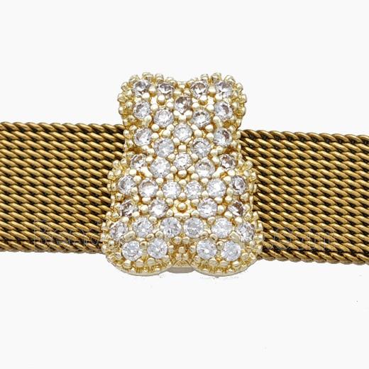 Copper Watchband Beads Pave Zirconia Bear Flat Hole Gold Plated
