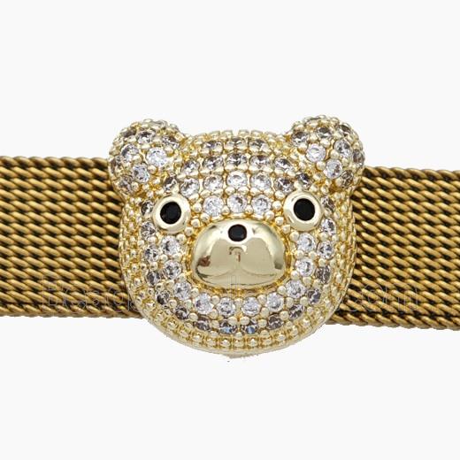 Copper Watchband Beads Pave Zirconia Bear Flat Hole Gold Plated