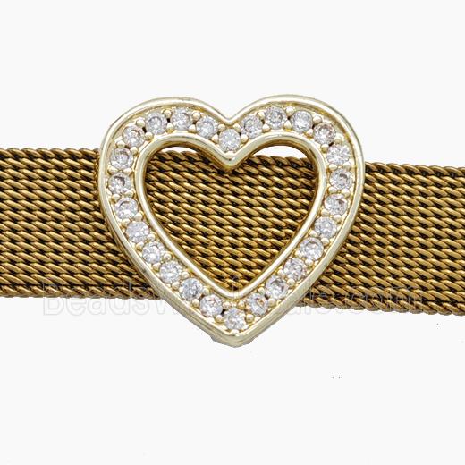 Copper Watchband Beads Pave Zirconia Heart Flat Hole Gold Plated