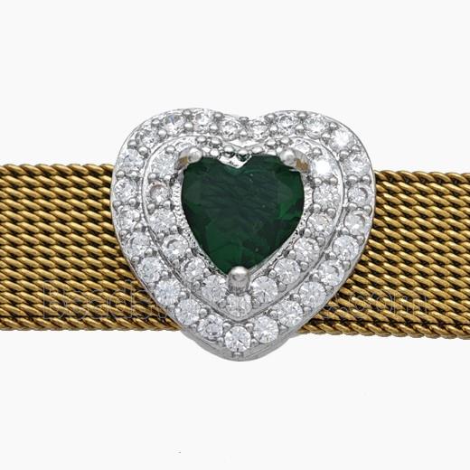 Copper Watchband Beads Pave Zirconia Heart Flat Hole Platinum Plated