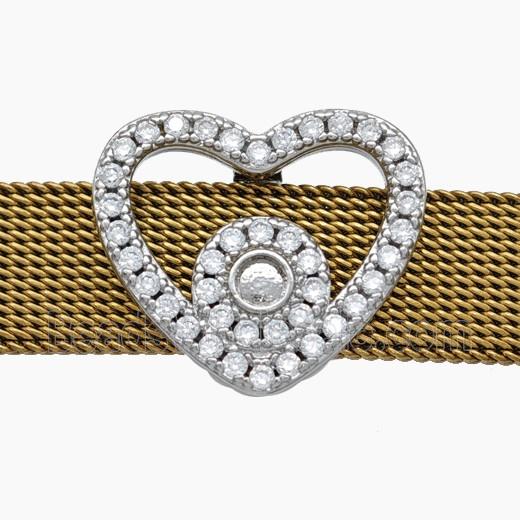 Copper Watchband Beads Pave Zirconia Heart Flat Hole Platinum Plated