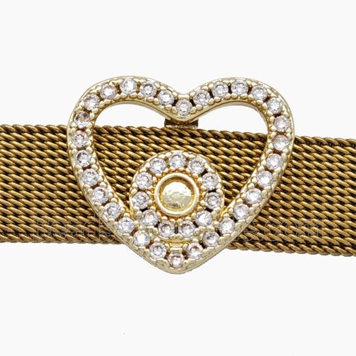 Copper Watchband Beads Pave Zirconia Heart Flat Hole Gold Plated