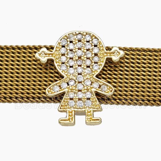 Copper Watchband Beads Pave Zirconia Kids Girl Flat Hole Gold Plated