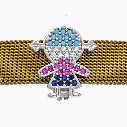 Copper Watchband Beads Pave Zirconia Kids Girl Flat Hole Platinum Plated