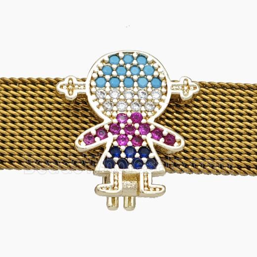Copper Watchband Beads Pave Zirconia Kids Girl Flat Hole Gold Plated