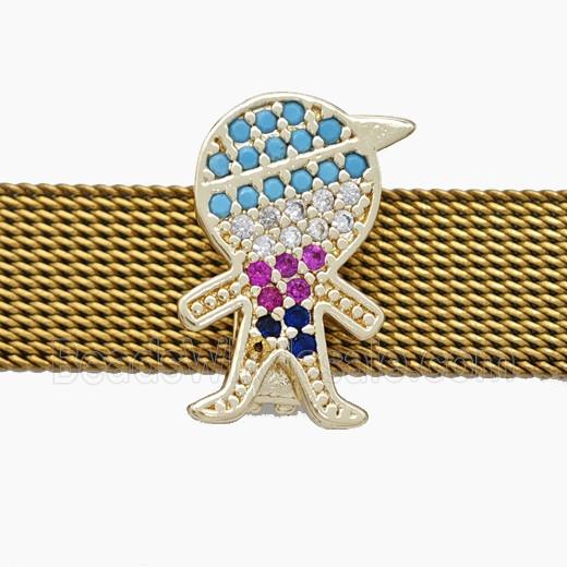 Copper Watchband Beads Pave Zirconia Kids Boy Flat Hole Gold Plated