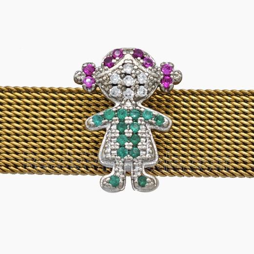 Copper Watchband Beads Pave Zirconia Kids Girl Flat Hole Platinum Plated