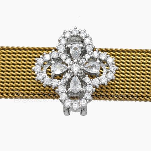 Copper Watchband Beads Pave Zirconia Clover Flat Hole Platinum Plated