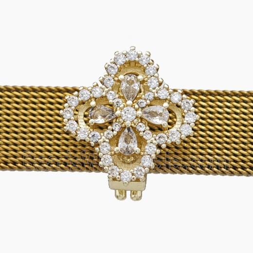Copper Watchband Beads Pave Zirconia Clover Flat Hole Gold Plated
