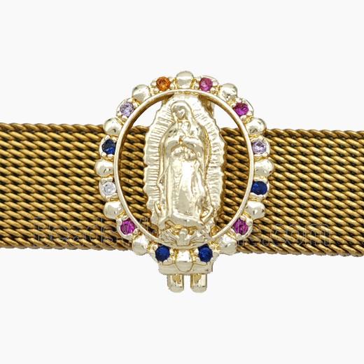 Copper Watchband Beads Pave Zirconia Virgin Mary Flat Hole Gold Plated