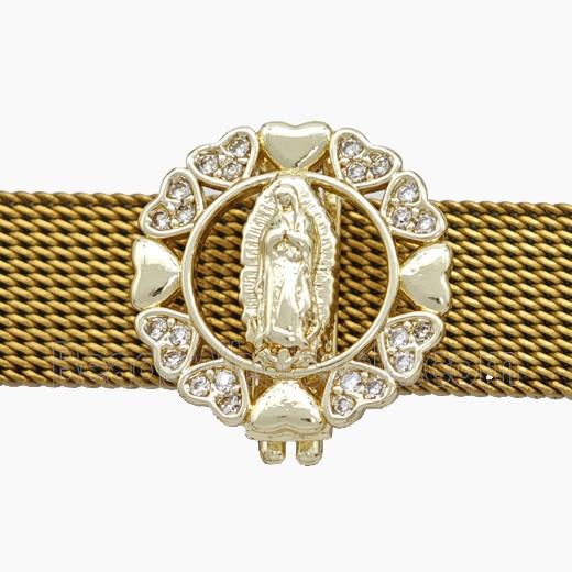 Copper Watchband Beads Pave Zirconia Virgin Mary Flat Hole Gold Plated