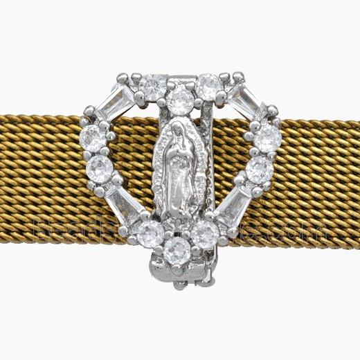 Copper Watchband Beads Pave Zirconia Virgin Mary Flat Hole Platinum Plated