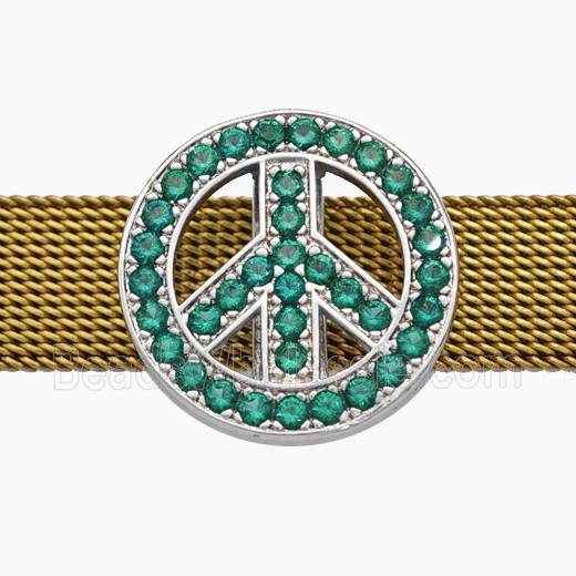 Copper Watchband Beads Pave Zirconia Peace Sign Flat Hole Platinum Plated