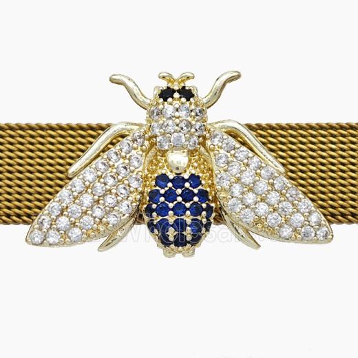 Copper Watchband Beads Pave Zirconia Honeybee Flat Hole Gold Plated