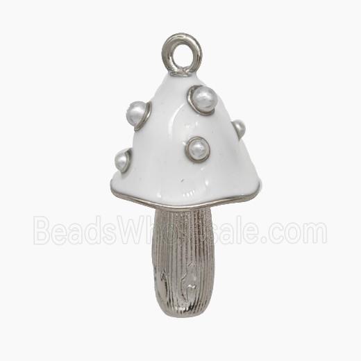 Copper Mushroom Pendant Pave Pearlize Resin White Enamel Platinum Plated