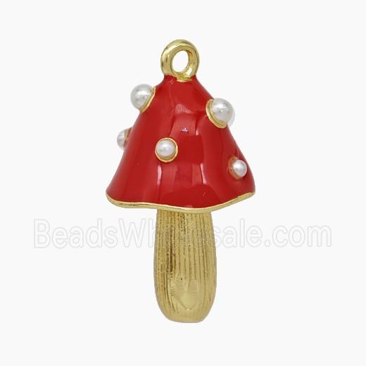 Copper Mushroom Pendant Pave Pearlize Resin Red Enamel Gold Plated