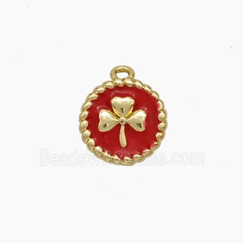 Copper Circle Pendant Red Enamel Clover Gold Plated