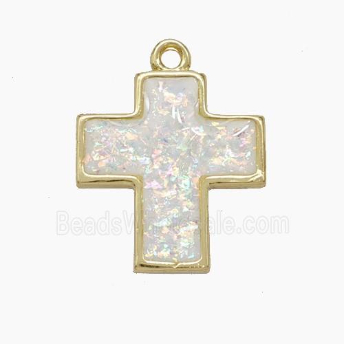 Copper Cross Pendant Pave White FireOpal Gold Plated