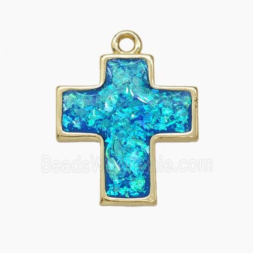 Copper Cross Pendant Pave Blue FireOpal Gold Plated