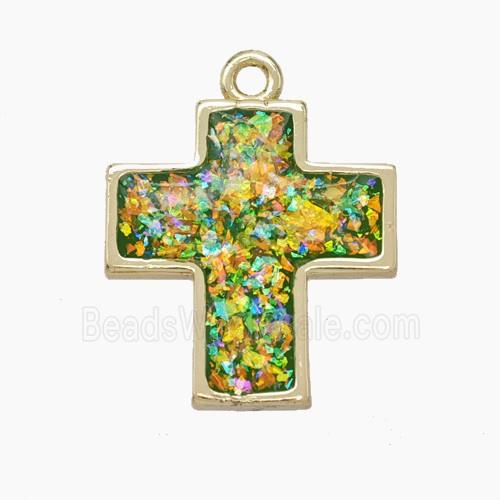 Copper Cross Pendant Pave Green FireOpal Gold Plated