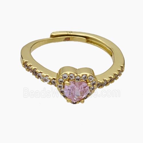 Copper Heart Rings Pave Zirconia Pink Adjustable Gold Plated