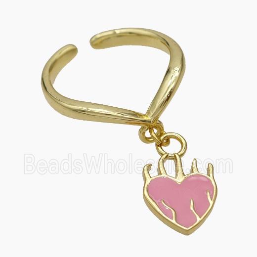 Copper Heart Rings Pink Enamel Gold Plated