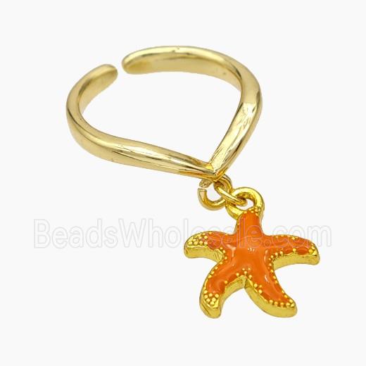 Copper Starfish Rings Orange Enamel Gold Plated