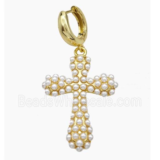 Copper Cross Hoop Earrings Pave Pearlized Resin Gold Plated
