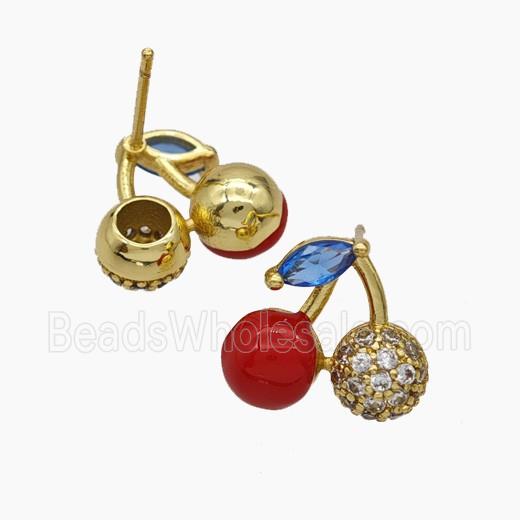 Copper Cherry Stud Earrings Pave Zirconia Red Enamel Gold Plated