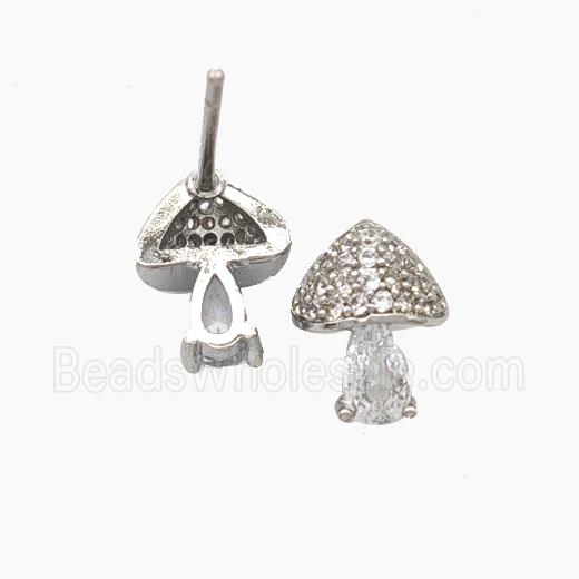 Copper Mushroom Stud Earrings Pave Zirconia Platinum Plated