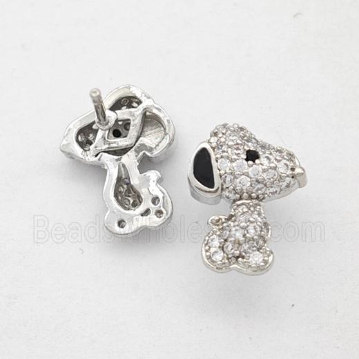 Copper Dog Stud Earrings Pave Zirconia Black Enamel Platinum Plated