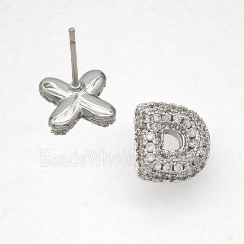 Copper Stud Earrings Pave Zirconia Letter-D Platinum Plated