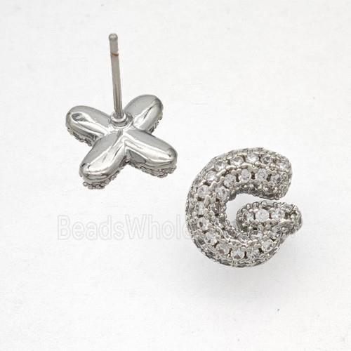 Copper Stud Earrings Pave Zirconia Letter-G Platinum Plated